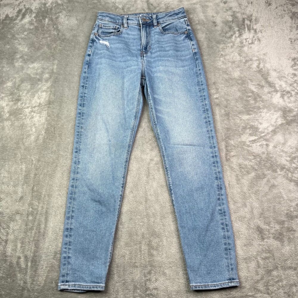 American Eagle Mom Jeans Womens 00 Light Wash Stretch Distressed High Rise - Picture 1 of 16